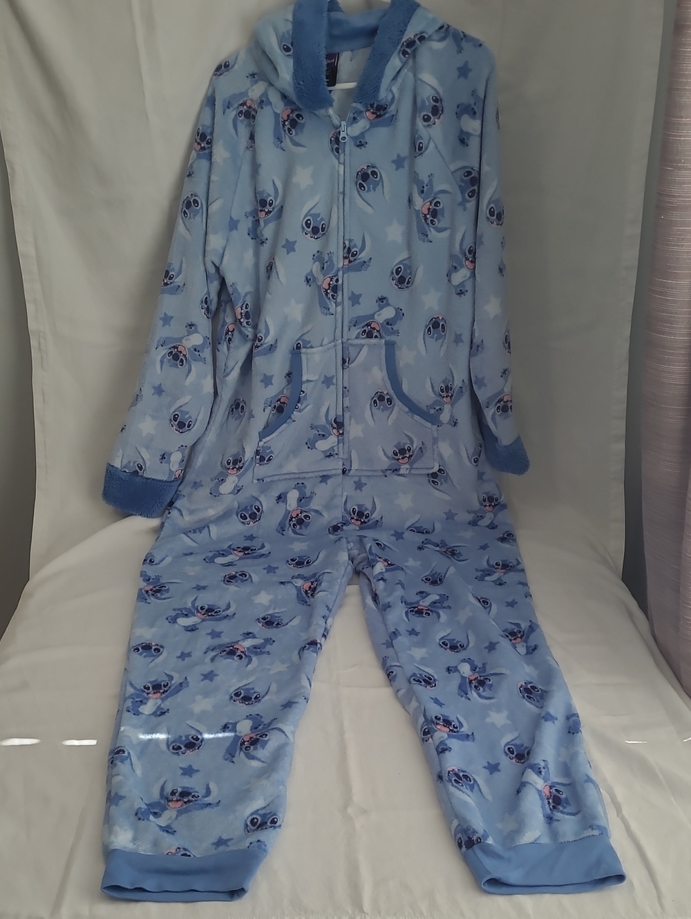 Women's Disney Light Blue Hooded Fleece Onesie Pjs with Stitch Print